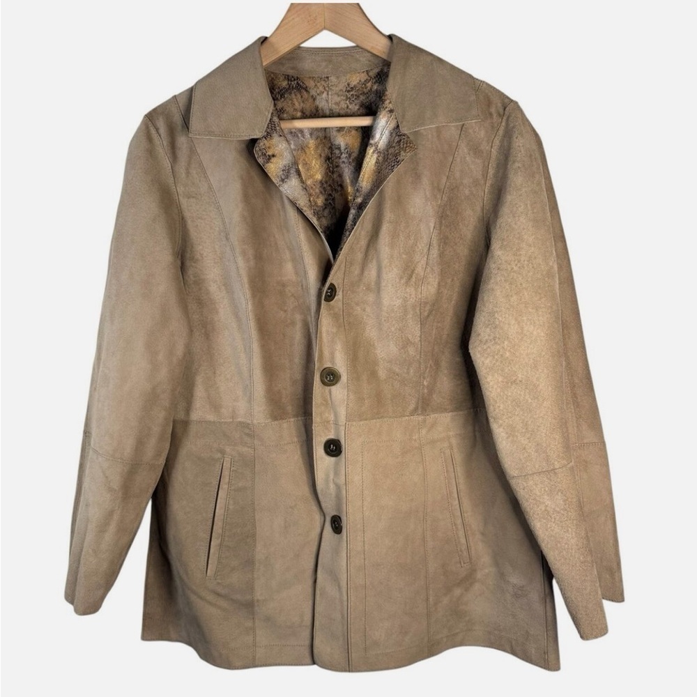 Chicos Metallic Gold Snake Print Reversible Suede Leather Jacket Size 3